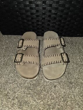 Double-Buckle Suede Slide Sandals in Beige